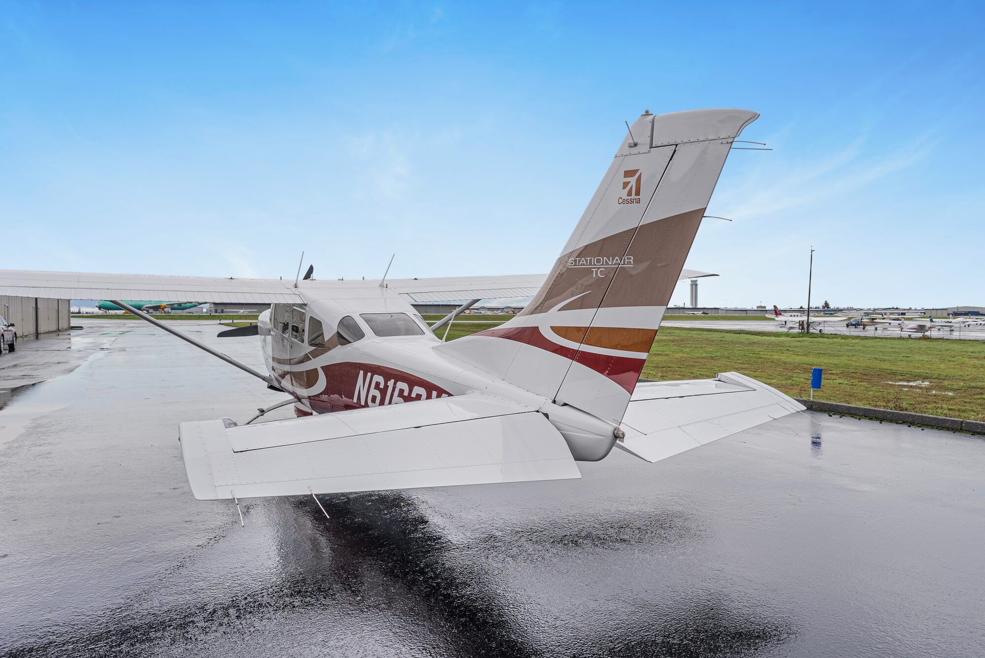Cessna Turbo Stationair tail and rear fuselage on the wet ramp