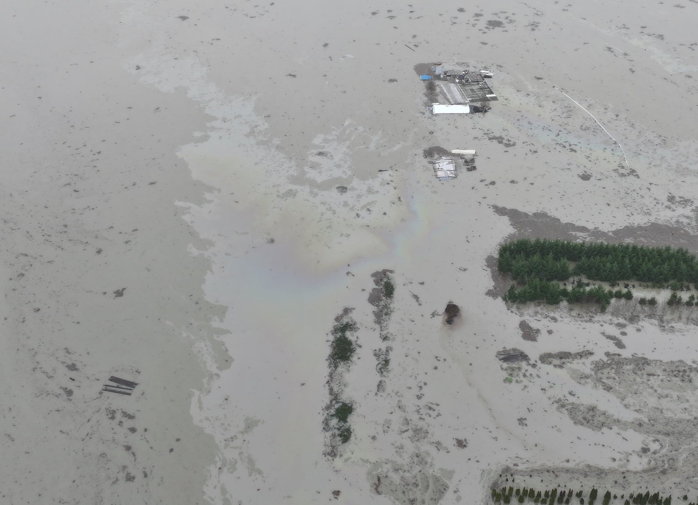 Drone photo of farmland under brown floodwater. A rainbow of oil spreads across the water near rows of trees and a farm building half under water.