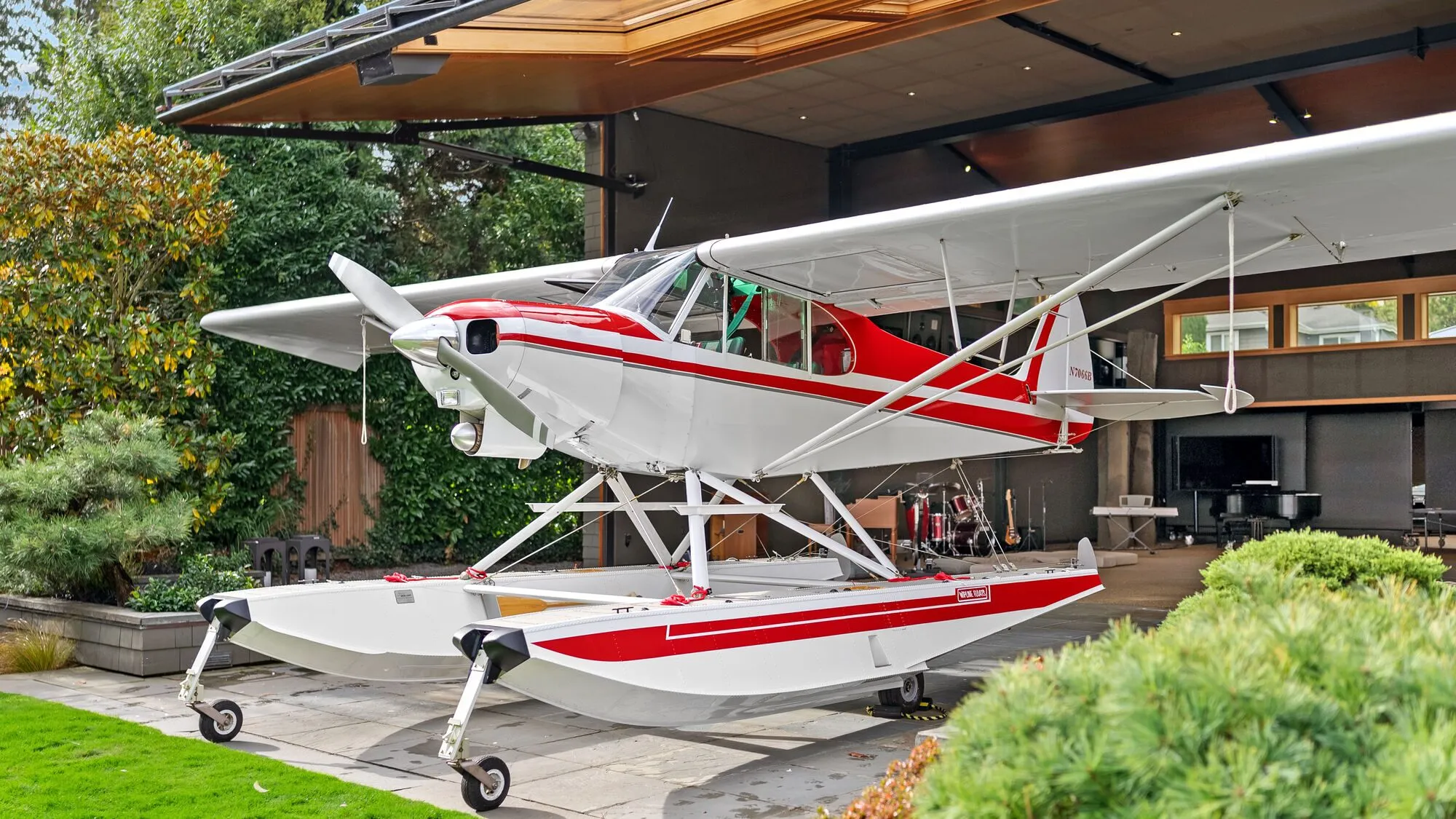 Aircraft on floats at a lakefront