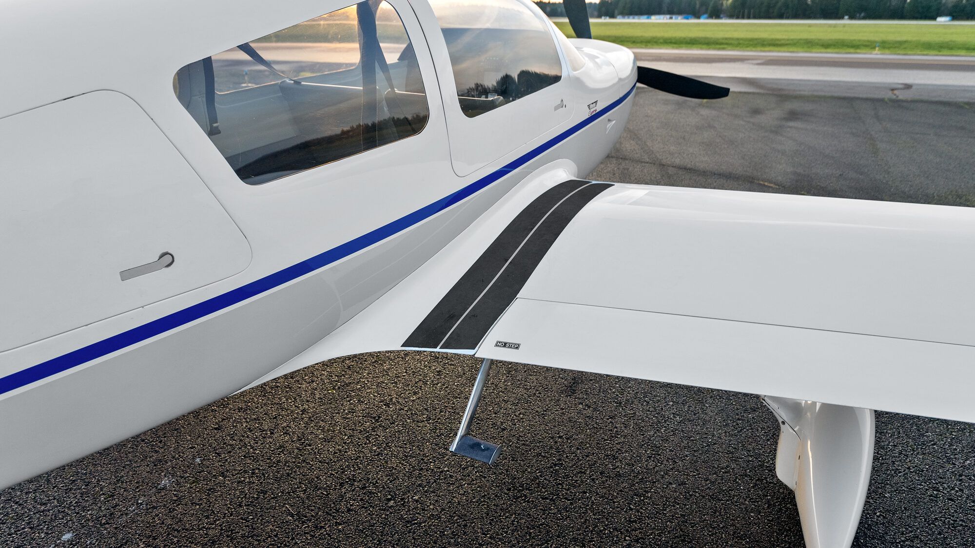 Wheeler Express canopy and wing root from above, with the blue stripe along the fuselage